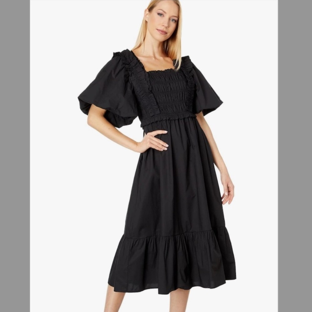 NWT English Factory Puff Sleeve Square Neck Smocked Midi Dress Black Size L